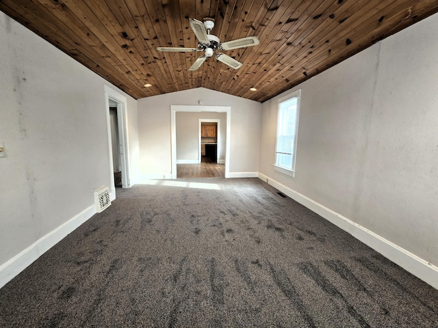 unfurnished living room with ceiling fan, vaulted ceiling, carpet, and wooden ceiling