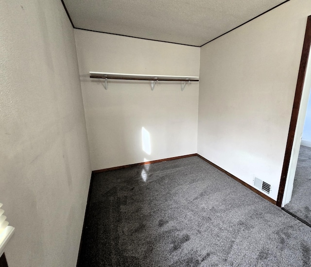 interior space with a textured ceiling, a closet, and carpet flooring