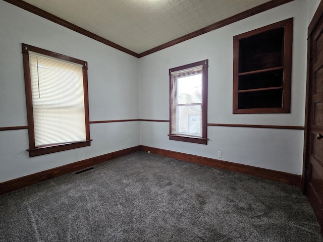 empty room featuring ornamental molding and carpet floors