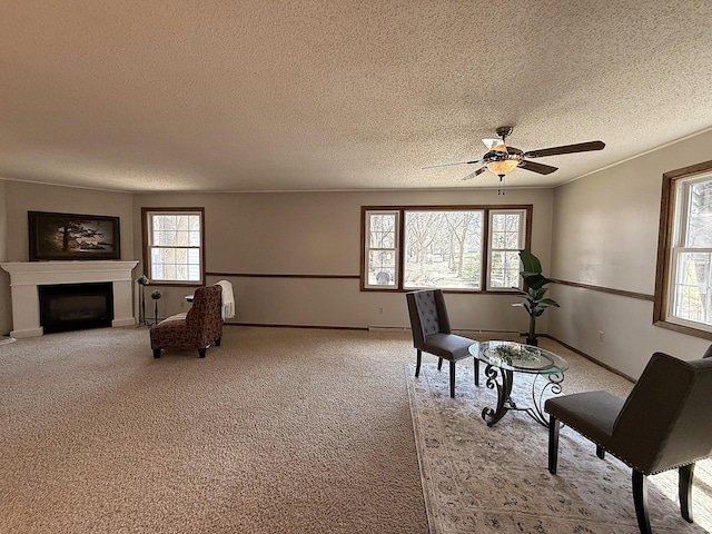 619 10th St, Montevideo, MN 56265 - sitting room featuring a textured ceiling, healthy amount of natural light, light colored carpet, a ceiling fan, and a fireplace