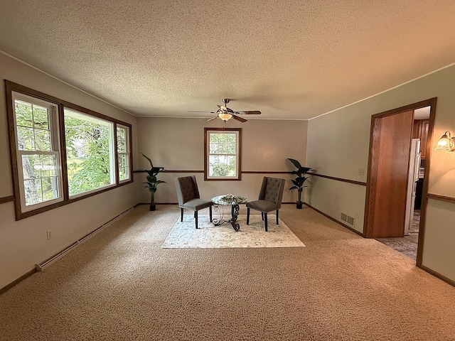 619 10th St, Montevideo, MN 56265 - sitting room with light carpet, ceiling fan, a textured ceiling, a baseboard heating unit, and baseboards