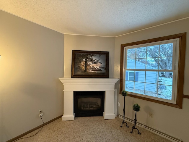 619 10th St, Montevideo, MN 56265 - unfurnished living room featuring a glass covered fireplace, light colored carpet, a textured ceiling, baseboards, and crown molding