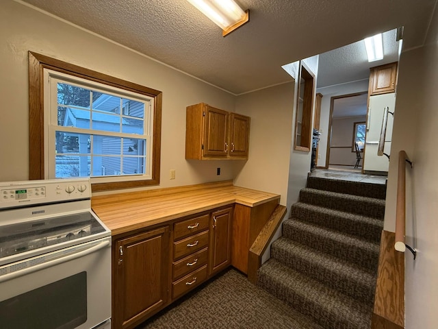 619 10th St, Montevideo, MN 56265 - kitchen with white appliances, dark carpet, a textured ceiling, and brown cabinets