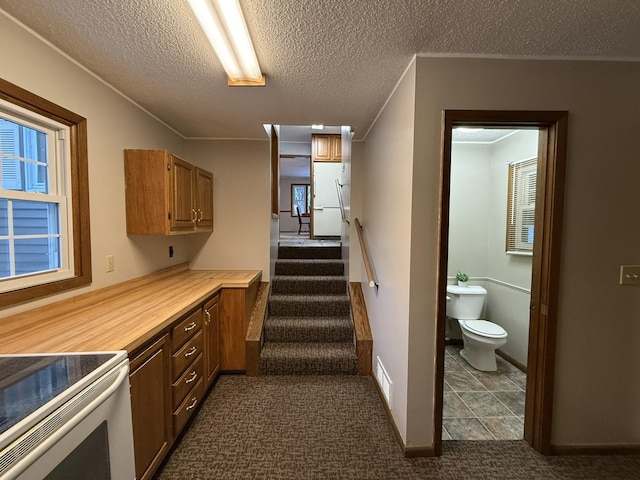 619 10th St, Montevideo, MN 56265 - kitchen featuring white range with electric cooktop, dark carpet, a textured ceiling, light countertops, and baseboards