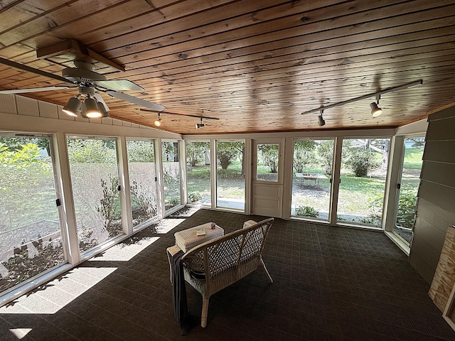 619 10th St, Montevideo, MN 56265 - sunroom with wooden ceiling, vaulted ceiling, track lighting, ceiling fan, and plenty of natural light