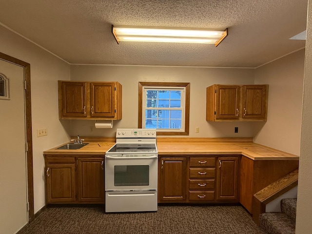 619 10th St, Montevideo, MN 56265 - kitchen with electric range, a sink, light countertops, a textured ceiling, and dark colored carpet