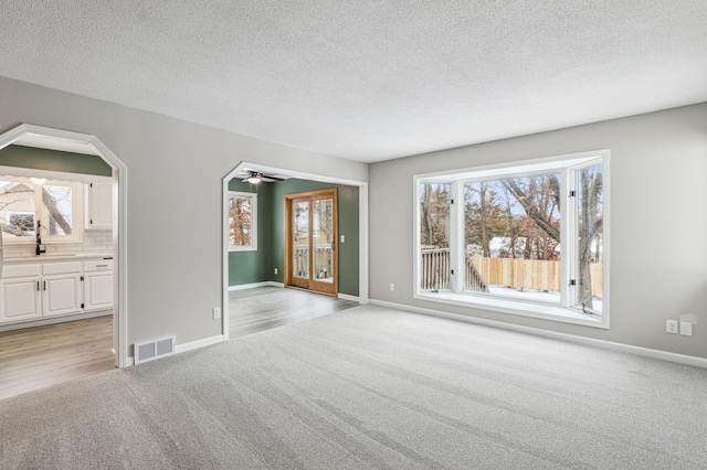 carpeted empty room with sink and a textured ceiling