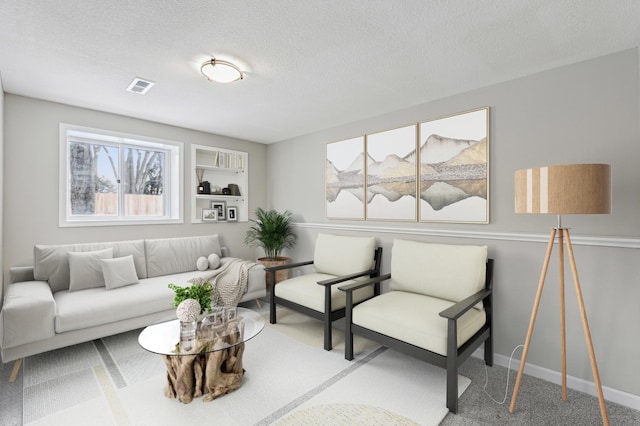 carpeted living room with a textured ceiling