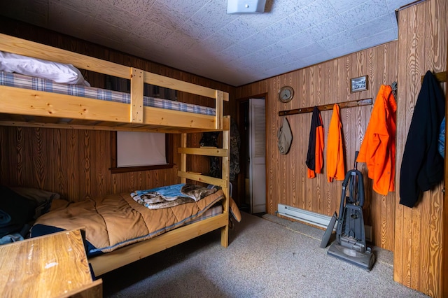 23790 360th St, Huntersville Twp, MN 56464 - bedroom with a baseboard heating unit, carpet floors, and wooden walls
