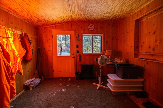 23790 360th St, Huntersville Twp, MN 56464 - misc room featuring wood ceiling, carpet floors, and vaulted ceiling