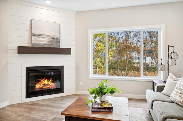 living room with light hardwood / wood-style flooring and a large fireplace