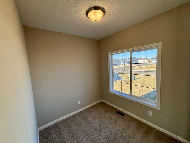 spare room with a textured ceiling and carpet