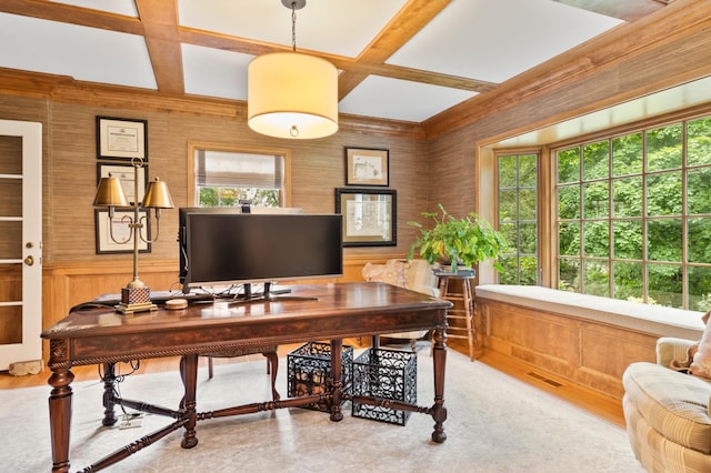 home office featuring beam ceiling and coffered ceiling