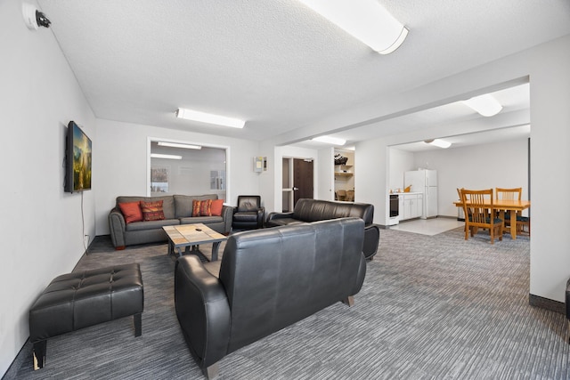 carpeted living room with a textured ceiling