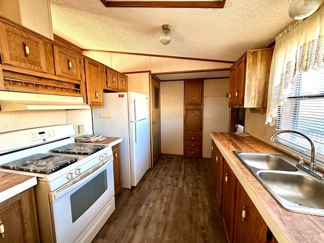 kitchen with lofted ceiling, sink, white appliances, a textured ceiling, and dark hardwood / wood-style flooring