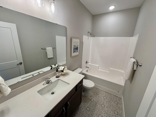 full bathroom featuring shower / washtub combination, toilet, and vanity