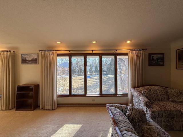 living room featuring plenty of natural light, light colored carpet, and a textured ceiling