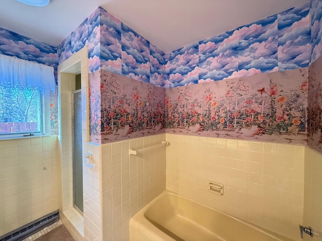 bathroom featuring a baseboard radiator and plus walk in shower