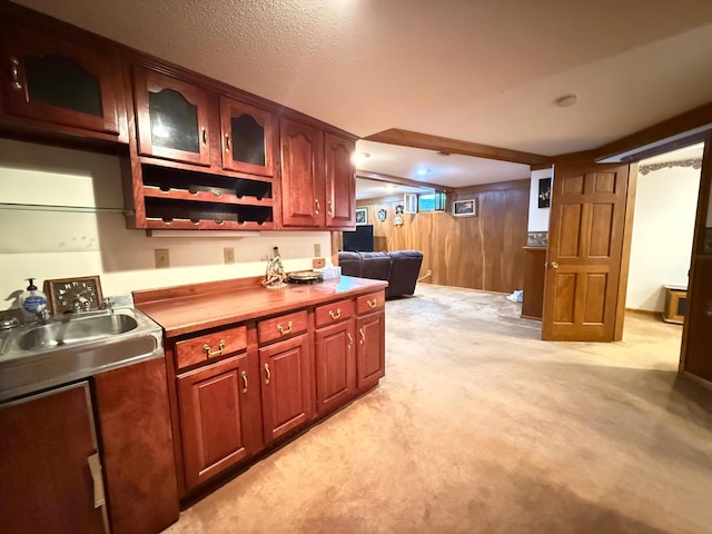 kitchen with sink, light carpet, and wood walls