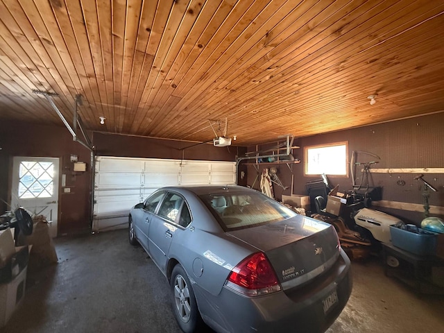 garage featuring wooden ceiling