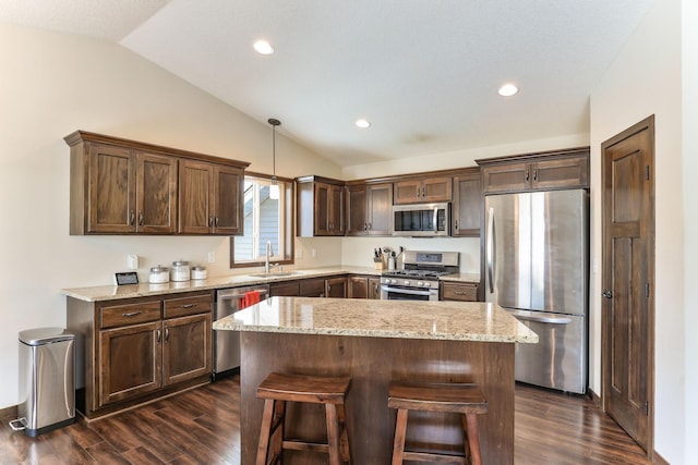 kitchen featuring pendant lighting, appliances with stainless steel finishes, sink, dark hardwood / wood-style floors, and vaulted ceiling