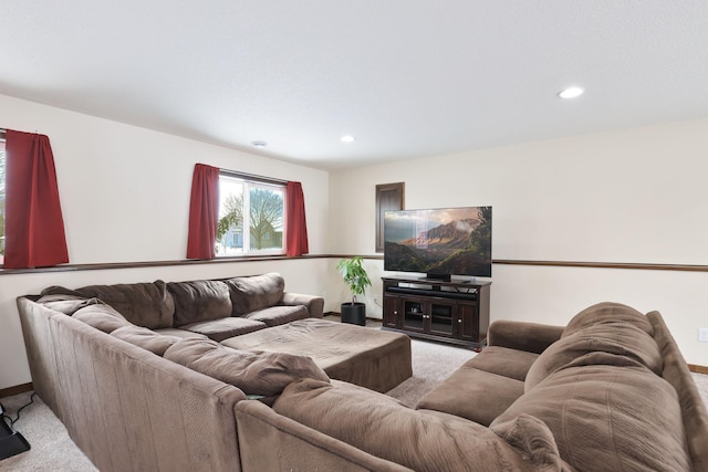 living room featuring light carpet