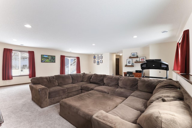 living room with a wealth of natural light and light carpet