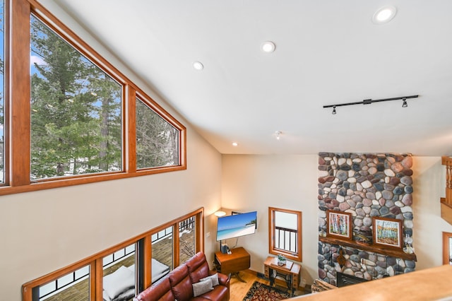 living room featuring a stone fireplace and hardwood / wood-style floors