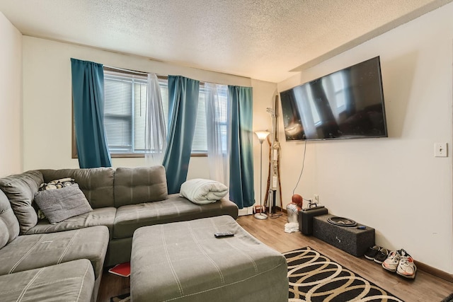 living room featuring a textured ceiling and wood finished floors