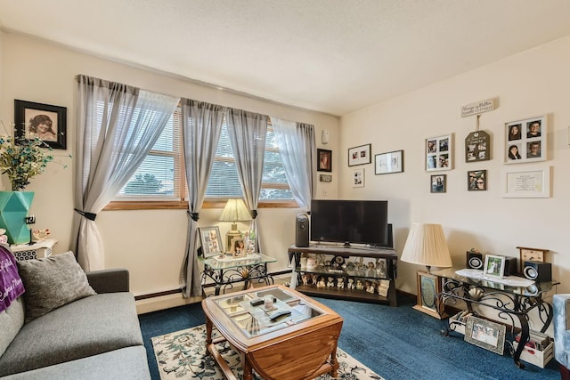 living area featuring carpet, baseboards, and a textured ceiling