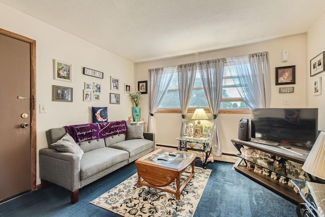 living room with a textured ceiling and carpet flooring