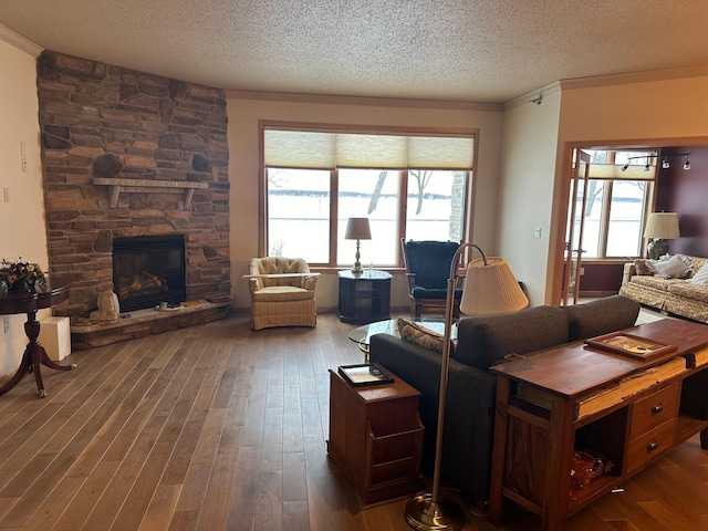 living room featuring plenty of natural light, crown molding, and a fireplace