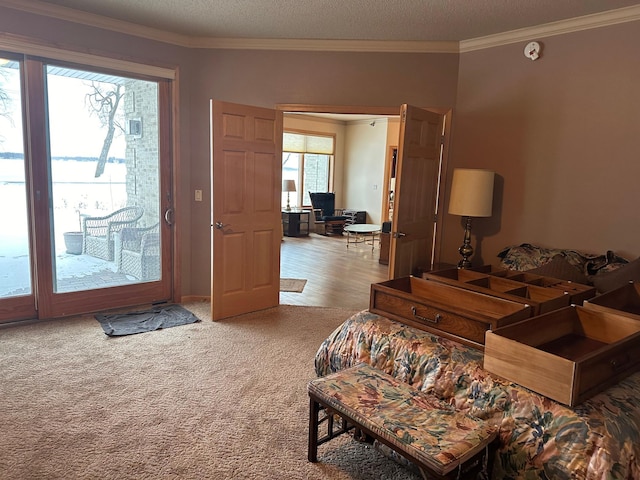 interior space with a textured ceiling, carpet floors, a wealth of natural light, and ornamental molding