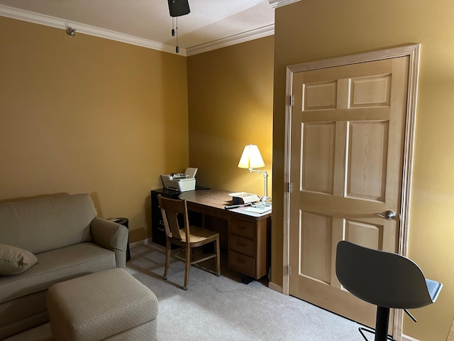 carpeted home office featuring ornamental molding