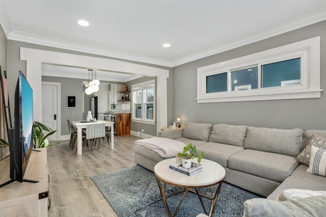 living room featuring crown molding and light hardwood / wood-style floors