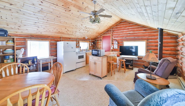 living room featuring sink, wood ceiling, ceiling fan, log walls, and vaulted ceiling