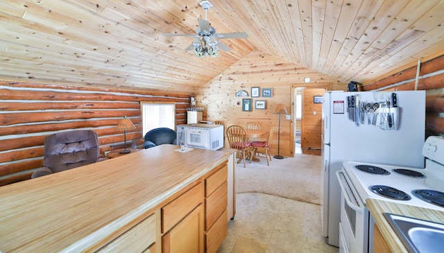 kitchen featuring vaulted ceiling, rustic walls, light brown cabinets, wooden ceiling, and white appliances