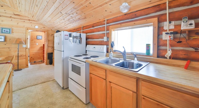 kitchen with vaulted ceiling, sink, log walls, wood ceiling, and white appliances