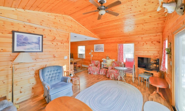 living room with lofted ceiling, wooden ceiling, ceiling fan, and light wood-type flooring