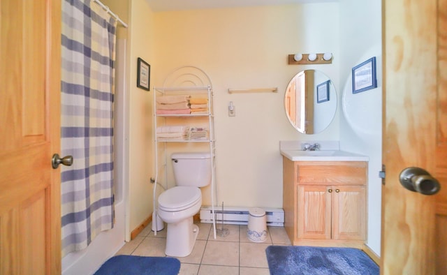 bathroom featuring vanity, toilet, a shower with shower curtain, baseboard heating, and tile patterned floors