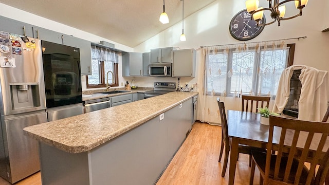 kitchen featuring hanging light fixtures, appliances with stainless steel finishes, sink, and a kitchen island