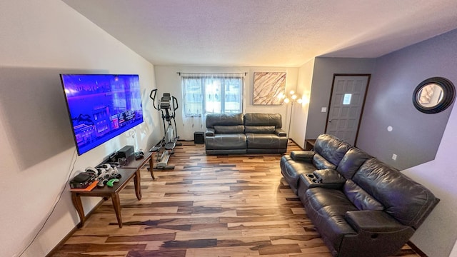 living room with hardwood / wood-style flooring and a textured ceiling