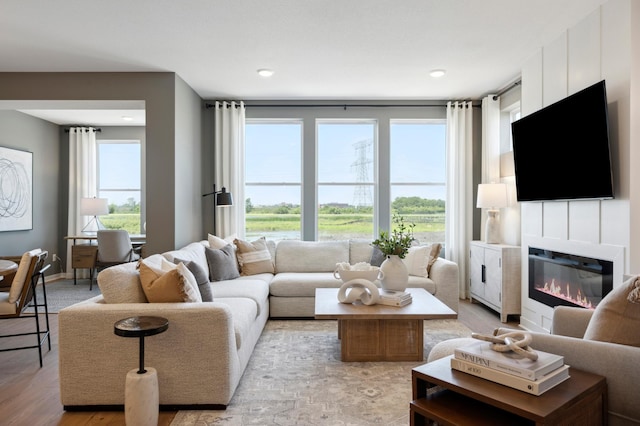 living room with light hardwood / wood-style flooring