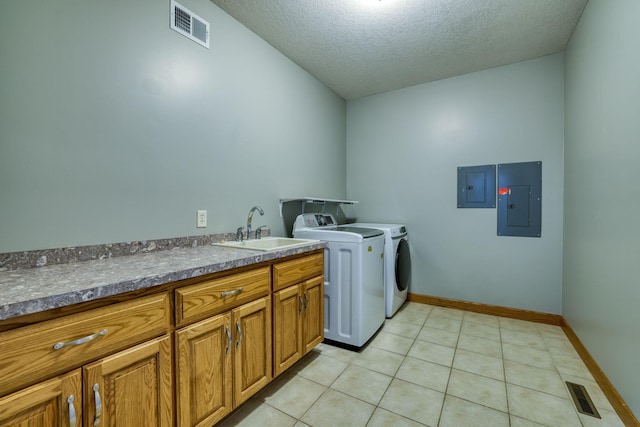 laundry room with electric panel, visible vents, a sink, and washing machine and clothes dryer