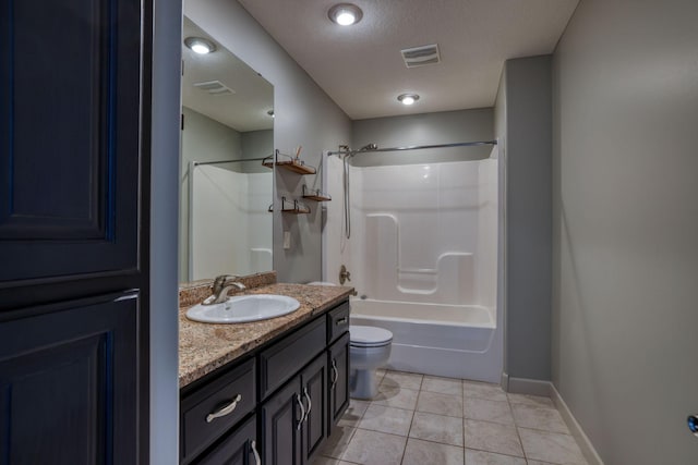 full bathroom featuring toilet, a textured ceiling, tile patterned flooring, and visible vents