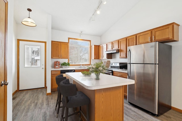 kitchen featuring appliances with stainless steel finishes, lofted ceiling, hanging light fixtures, a center island, and light wood-type flooring