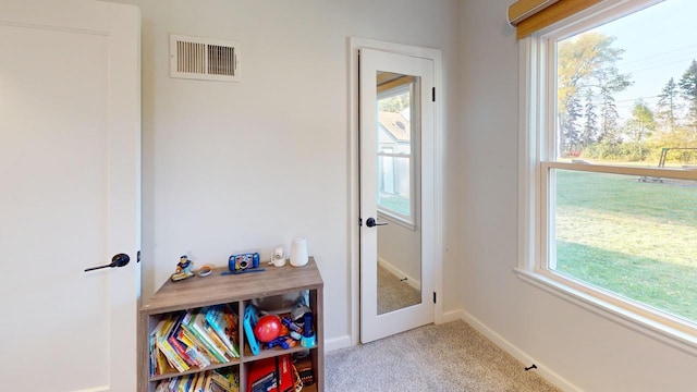 doorway featuring light carpet and a healthy amount of sunlight