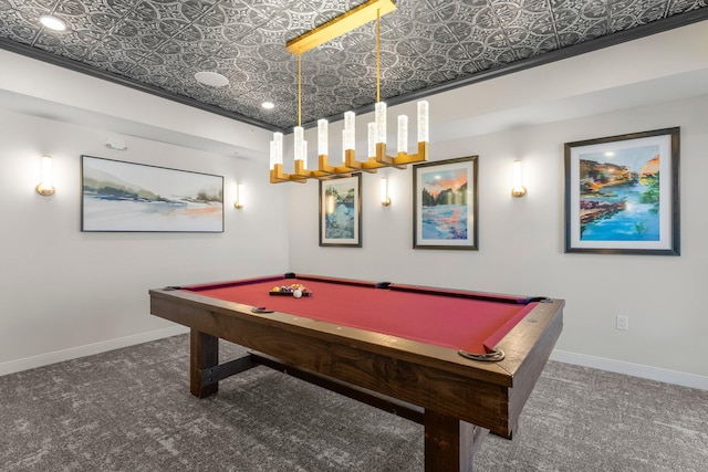 game room featuring ornamental molding, billiards, and dark colored carpet