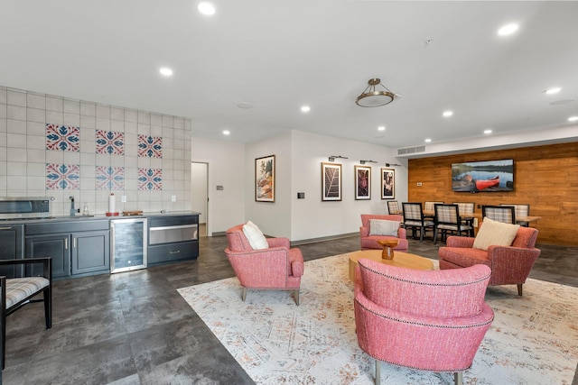 living room with bar and wine cooler