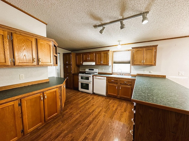 kitchen featuring sink, track lighting, ornamental molding, dark hardwood / wood-style flooring, and white appliances